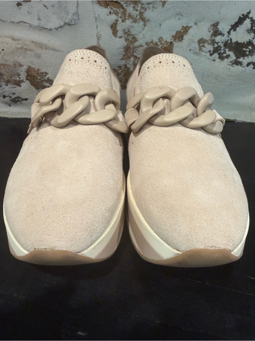 Dolce Vita Beige Suede Chain-Trim Loafers